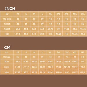 May include: A size chart in a warm brown hue, displaying measurements in inches and centimeters. The chart includes EU, US, chest, waist, and hip sizes, ranging from XS to 5XL, providing detailed sizing information for apparel.