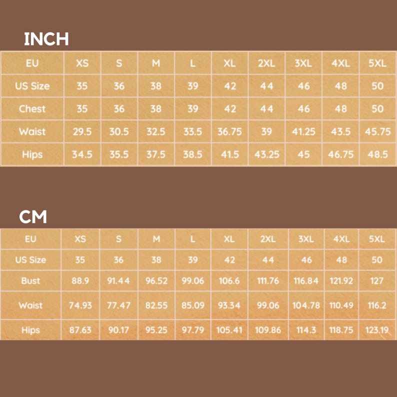 May include: A size chart in a warm brown hue, displaying measurements in inches and centimeters. The chart includes EU, US, chest, waist, and hip sizes, ranging from XS to 5XL, providing detailed sizing information for apparel.