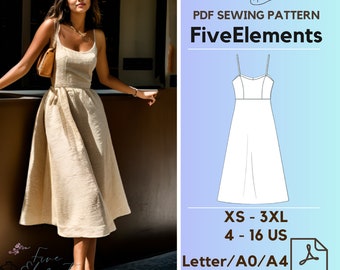 Midi Dress Sewing Pattern Digital Sewing Pattern PDF A-Line Dress Pattern Midi Dress Sewing Pattern