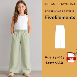 May include: A digital product listing for a PDF sewing pattern titled FiveElements, featuring a white sleeveless top and light green wide-leg trousers with an elastic waistband. The graphic includes text: INSTANT DOWNLOAD, PDF SEWING PATTERN, FiveElements, Age 2y-16y, Letter/A0, and a PDF icon with scissors.