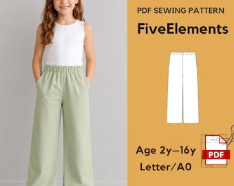 Girls Wide Leg Pants PDF Sewing Pattern, Kids Elastic Waist Pants Pattern, Ages 2-16, Letter A0