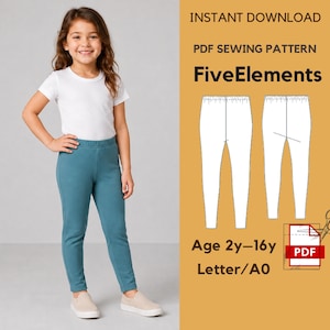 May include: A digital PDF sewing pattern titled FiveElements for leggings, featuring a white t-shirt and teal leggings. The graphic includes technical line drawings of the leggings, text stating Age 2y-16y, Letter/A0, and a PDF icon.