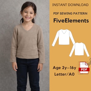 Può includere: Una ragazza indossa un maglione beige con scollo a V e pantaloni blu scuro. L'immagine include un modello di cucito PDF con il testo "FiveElements" e "Age 2y-16y". Il modello include illustrazioni di una camicia a maniche lunghe.