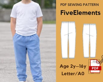 Boys Tapered Pants Sewing Pattern PDF – Kids Sweatpants Pattern 2–16Y – Elastic Waist Pants – Instant Download