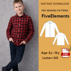 Peut inclure: Une personne porte une chemise à carreaux rouge et noir et un jean bleu foncé. L'image présente également un patron de couture PDF avec le texte "FiveElements" et la tranche d'âge "Age 2y-16y".