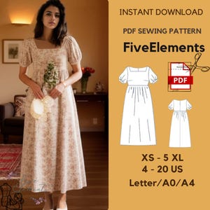 Cottagecore Puff Sleeve Dress PDF Sewing Pattern | Empire Waist Midi Dress | XS–5XL | A0/A4/US Letter | Instant Download
