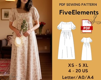 May include: A woman wearing a floral print dress with a square neckline and short puff sleeves. The image includes a PDF sewing pattern with the text "FiveElements" and size details: XS-5XL, 4-20 US, and Letter/A0/A4.