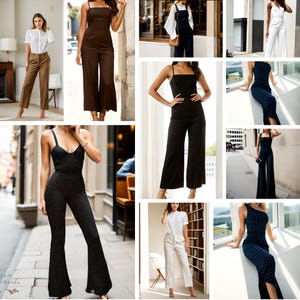 May include: A collage of women's fashion featuring various outfits. Included are jumpsuits in black, brown, and white, along with a white blouse and brown pants, and a white blouse and cream pants. The outfits are suitable for different occasions.