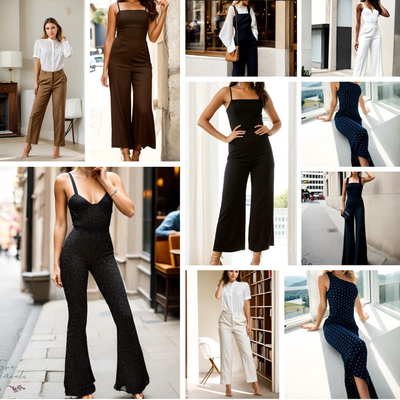 May include: A collage of women's fashion featuring various outfits. Included are jumpsuits in black, brown, and white, along with a white blouse and brown pants, and a white blouse and cream pants. The outfits are suitable for different occasions.