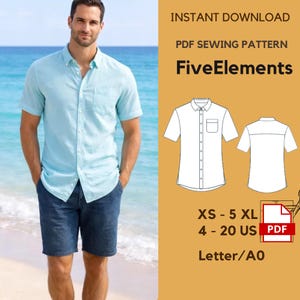 Op de afbeelding: Een lichtblauw shirt met korte mouwen en een donkerblauwe korte broek. De afbeelding bevat ook een PDF-naaipatroon met de tekst "FiveElements", maten XS tot 5XL en US maten 4-20.