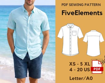 Men’s Short Sleeve Shirt Sewing Pattern PDF, Summer Button Down Shirt Pattern, Casual Beach Shirt, Instant Download, A0 A4 Letter