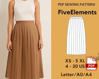 May include: A woman wearing a white tank top and a pleated, midi-length brown skirt. The image includes text that reads "INSTANT DOWNLOAD", "PDF SEWING PATTERN", and "FiveElements". The pattern sizes range from XS to 5XL and US sizes 4-20.