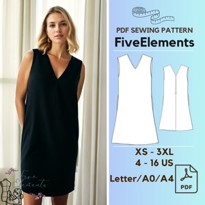 Può includere: Modello di cucito PDF per un abito senza maniche con scollo a V. Il modello è disponibile nelle taglie XS-3XL (taglie italiane 38-52) e può essere stampato su carta Letter, A0 o A4. Il modello si chiama "Five Elements".