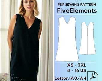 Pocketed Linen Summer Dress Pattern Women Dress Sewing Pattern PDF V Neck Casual Dress