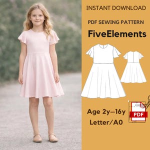 May include: A girl in a pale pink dress with short, flutter sleeves. The dress has a fitted top and a flared skirt. The image includes a PDF sewing pattern with the text "FiveElements" and "Age 2y-16y".