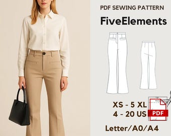 Flared Pants Sewing Pattern | High Waist Trousers PDF | Office Work Pants Pattern | XS–5XL | A0/A4/Letter | Digital Download