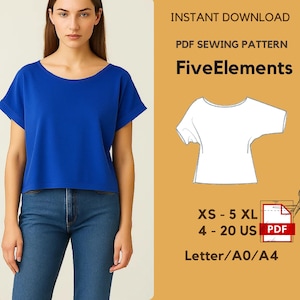 May include: A woman wearing a royal blue short-sleeved top and blue jeans. The image includes a PDF sewing pattern with the text "FiveElements", size range "XS - 5 XL", and sizes "4 - 20 US".
