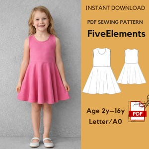 May include: A girl wears a pink sleeveless dress with a fitted bodice and flared skirt. The image includes a PDF sewing pattern with the text "FiveElements" and "Age 2y-16y". The background is a plain grey wall. The pattern is an instant download.