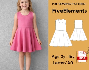 Girls Skater Dress Sewing Pattern PDF, Kids Fit and Flare Dress Pattern, Sleeveless Circle Skirt Dress, Age 2–16, Easy Sewing Pattern