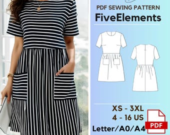 Women Pockets Long Sleeve Dress Sewing Pattern Formal Loose Dress PDF Pattern Black Pinafore Pattern