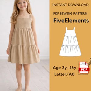 Könnte beinhalten: Ein junges Mädchen trägt ein beigefarbenes, mehrschichtiges Sommerkleid mit Spaghettiträgern. Das Bild enthält Text: "SOFORTIGER DOWNLOAD", "PDF-NÄHMUSTER" und "FiveElements". Das Muster ist für Kinder im Alter von 2-16 Jahren.