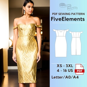 Off Shoulder Pencil Dress Sewing Pattern, Slim Fit V Neck Dress PDF Pattern, Party Dress