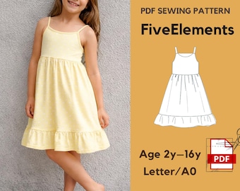 Girls Summer Dress Sewing Pattern PDF | Kids Sundress Pattern | Spaghetti Strap Dress Pattern | Easy Girls Dress Pattern Age 2–16 |A0 Letter