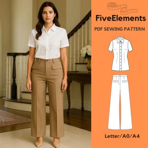 以下が含まれることがあります： 白い半袖シャツとベージュのワイドパンツを着た女性。画像には、シャツとパンツのイラストが描かれたソーイングパターンのグラフィックも含まれています。画像内のテキストは「FiveElements PDF SEWING PATTERN」と「Letter/A0/A4」です。