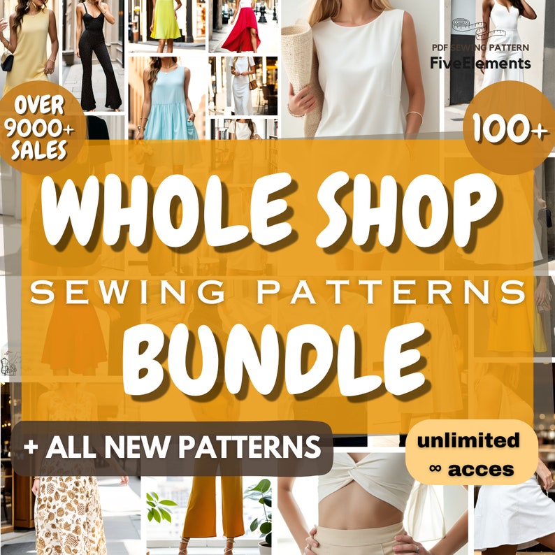 Puede incluir: Un collage de im&aacute;genes que muestran varios patrones de costura para ropa. El texto "WHOLE SHOP SEWING PATTERNS BUNDLE" se muestra en letras grandes y en negrita. Los textos "OVER 9000+ SALES" y "100+" tambi&eacute;n son visibles. Los textos "+ ALL NEW PATTERNS" y "unlimited &infin; acces" tambi&eacute;n est&aacute;n incluidos.