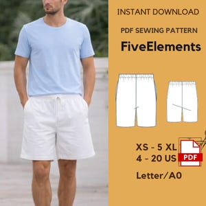 May include: A man in a light blue t-shirt and white shorts with a drawstring. The image includes a PDF sewing pattern for shorts, with the text "FiveElements", and size options from XS to 5XL, and US sizes 4-20.