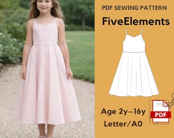 Girls Spaghetti Strap Dress PDF Pattern | Elegant Party Dress Sewing Pattern for Girls 2–16 Years | Flower Girl Dress | Instant Download