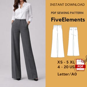 May include: A person wearing a white shirt and grey wide-leg trousers. The image includes a PDF sewing pattern with the text "FiveElements" and size details: XS-5XL, 4-20 US.