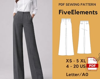 Wide Leg Pants Sewing Pattern PDF | Women’s High Waist Trousers | Office & Elegant Pants | XS–5XL | A0 Letter