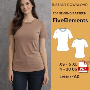 May include: A woman wearing a short-sleeved, light brown t-shirt and dark blue jeans. The image includes a PDF sewing pattern with the text "FiveElements", sizes XS to 5XL, and sizes 4-20 US.
