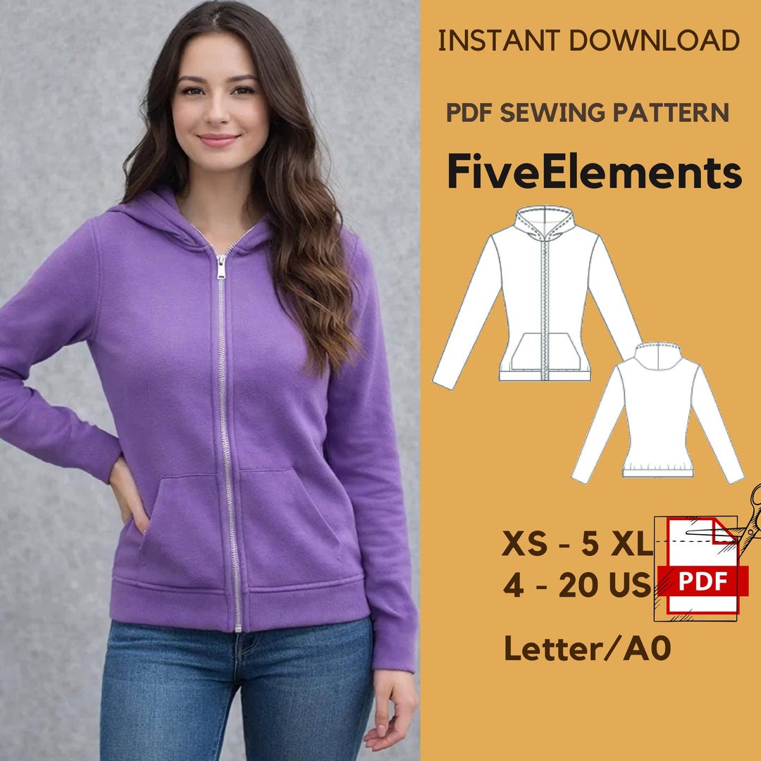 Women Hoodie Sewing Pattern PDF | XS–5XL | Zip up Hoodie Pattern ...