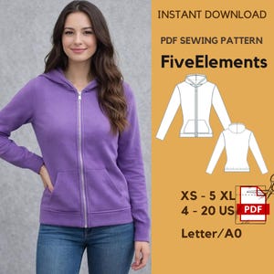 May include: A person wearing a purple zip-up hoodie with a front pocket and a silver zipper. The image includes a PDF sewing pattern with the text "FiveElements" and size details: XS-5XL, 4-20 US. The pattern is an instant download.