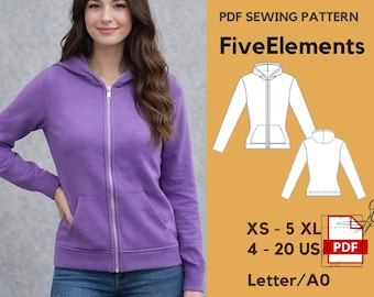 Women Hoodie Sewing Pattern PDF | XS–5XL | Zip Up Hoodie Pattern | Sweatshirt Jacket Pattern | Hooded Jacket Women | Download Letter A0