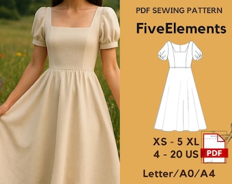 Square Neck Puff Sleeve Dress Sewing Pattern | Cottagecore Dress | Princess Seam Dress | Sleeve Midi Dress | XS–5XL
