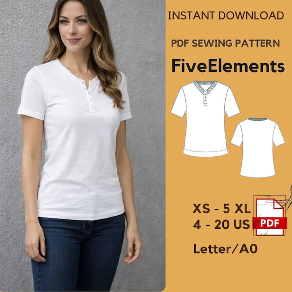 Women T Shirt Sewing Pattern PDF | XS–5XL | Henley Top Pattern | Short Sleeve T Shirt | Basic Tee Pattern | Top Sewing Pattern | Letter A0