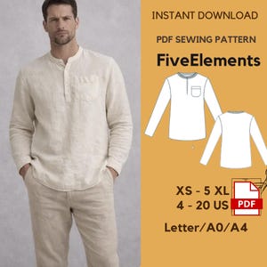 Könnte beinhalten: Ein Mann trägt ein hellbeige Leinenhemd mit Stehkragen und Brusttasche, kombiniert mit einer passenden beigen Hose. Das Bild enthält ein PDF-Schnittmuster mit dem Text "FiveElements" und Größenangaben.