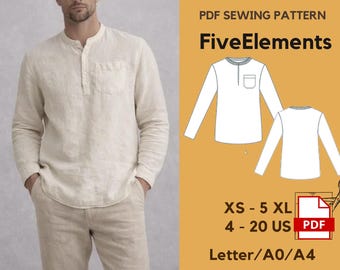 Men’s Henley Shirt Sewing Pattern PDF | Long Sleeve Collarless Top | XS–5XL | Linen or Knit | Printable A4/Letter/A0