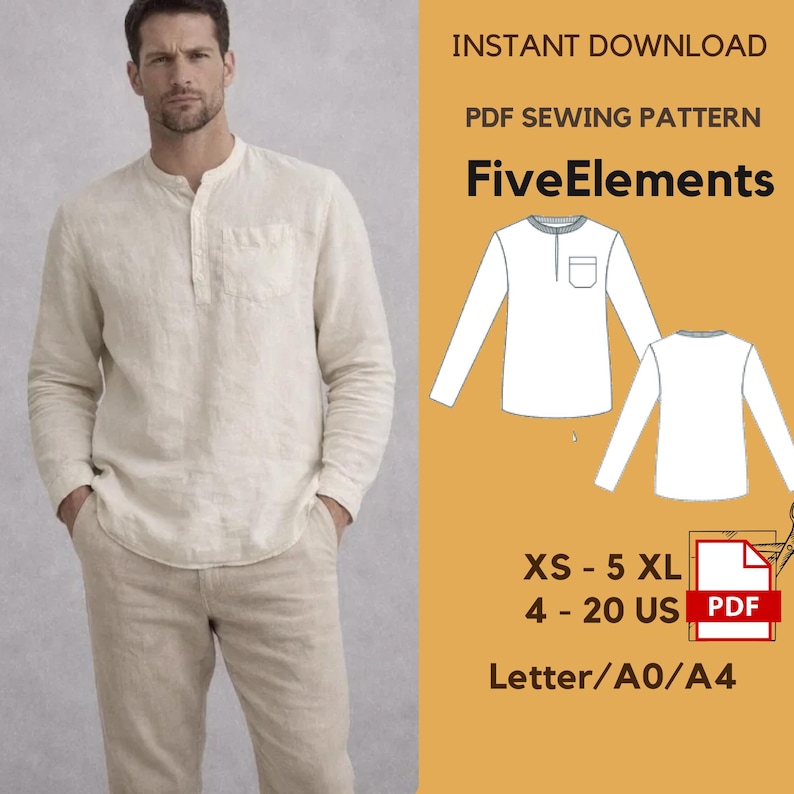May include: A man wearing a light beige linen shirt with a mandarin collar and a chest pocket, paired with matching beige pants. The image includes a PDF sewing pattern with the text "FiveElements" and size details.