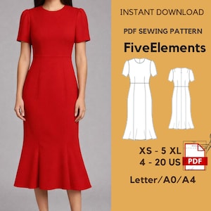 May include: A vibrant red dress with short sleeves and a flared skirt. The image includes a PDF sewing pattern with the text "FiveElements", sizes XS-5XL, and US sizes 4-20. The pattern is available for instant download.