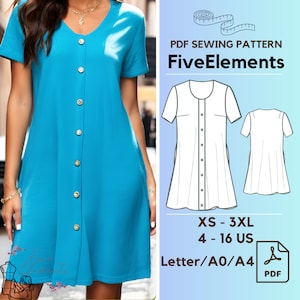 Button Down Women Dress Pattern V Neck Summer Dress PDF Sewing Pattern Party Dress