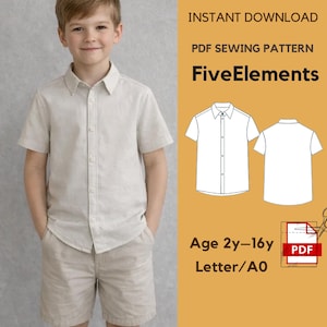 Pode incluir: Uma pessoa jovem vestindo uma camisa bege clara e shorts combinando. A imagem inclui um padrão de costura em PDF com o texto "FiveElements" e a faixa etária "2y-16y".
