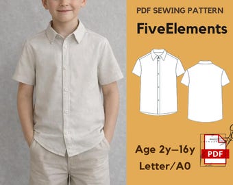 Boys Short Sleeve Shirt Sewing Pattern PDF | Kids Button Up Shirt | Summer Shirt Pattern | Age 2–16 | A0 Letter Download
