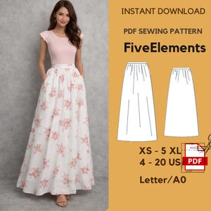 May include: A woman in a pink top and a long white skirt with a pink floral design. The image includes a PDF sewing pattern with the text "FiveElements" and size details.