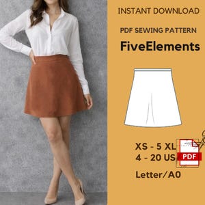 May include: A woman wearing a white button-down shirt and a brown suede mini skirt. The image also features a PDF sewing pattern with the text "FiveElements" and size details.