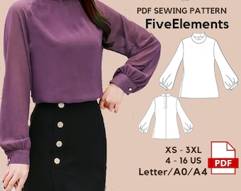 Women Cottagecore Linen Blouse PDF Sewing Pattern Oversized Loose Blouse Pattern Puff Sleeve Shirt