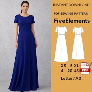 Peut inclure: Une femme porte une longue robe bleu roi à manches courtes. La robe a un corsage ajusté et une jupe fluide. L'image comprend également un patron de couture PDF avec le texte "FiveElements" et des informations de taille.